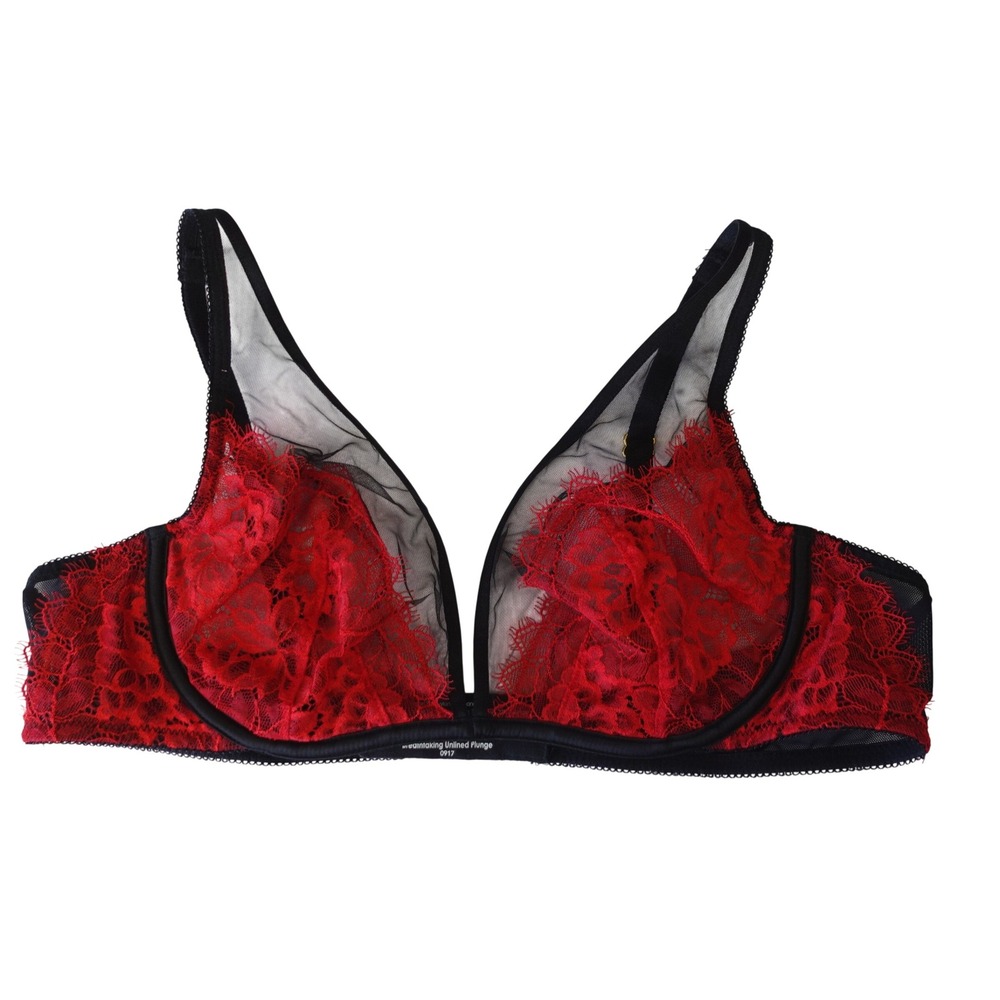 Soma‎ Breathtaking Unlined Plunge Bra Womens 36B Red Black Lace Mesh Sheer Glam